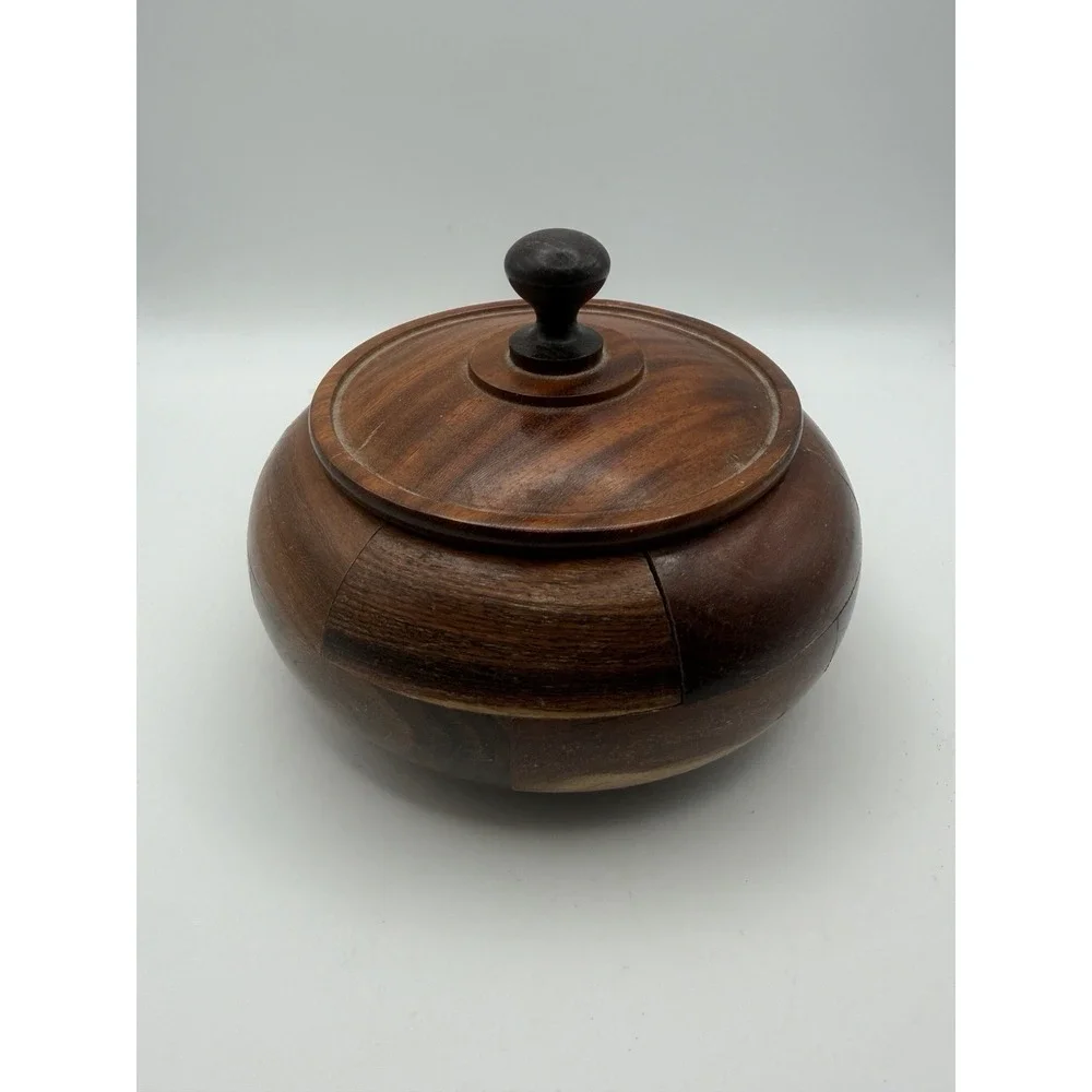 Vintage Hand Turned Patchwork Wooden Lidded Bowl Trinket Box Rustic Decor 5.25